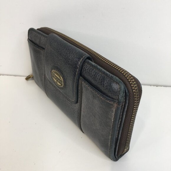 FOSSIL Maddox Zip Around Organizer Gray Metallic Leather Wallet - Picture 3 of 12